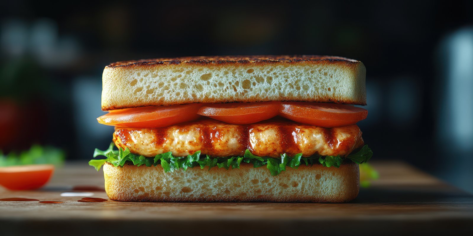 Delicious chicken sandwich with fresh vegetables served on toasted bread in a cozy kitchen